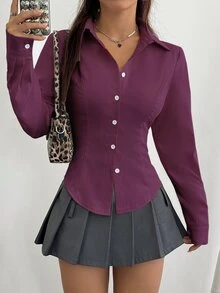 Sweetra 女款休閒百搭通勤純色收腰襯衫 - 中紫紅色 - 查看 8