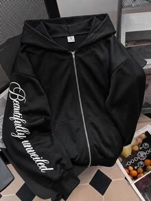 SHEIN 青少年女孩字母印花拉鍊連帽運動衫附口袋 - 黑色 - 查看 4
