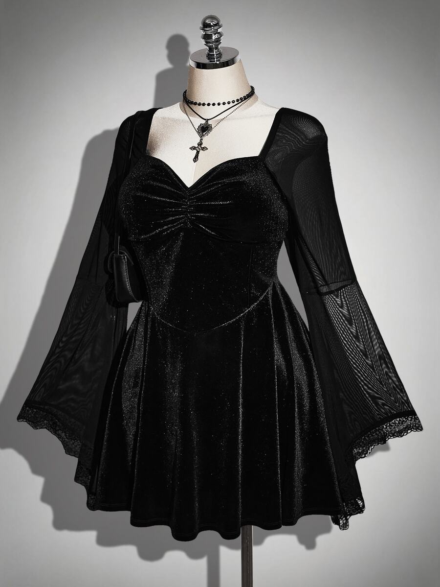 SHEIN ICON Women's Plus Size Black Velvet Patchwork Bell Sleeve Dress - Black - View 1