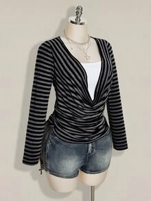 SHEIN ICON Women's Plus Size Black & Grey Striped Cowl Neck 2 In 1 T-Shirt - Dark Grey - View 7