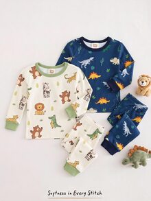Cozy Pixies 男嬰休閒簡約修身圓領舒適長袖長褲家居服多件套，適合春夏，貼身剪裁，經典卡通動物可愛獅子圖案印花 - 彩色 - 查看 3