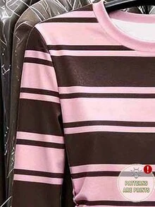 (1套) 青少年女孩秋季休閒時尚甜酷咖啡粉雙色條紋抓皺腰長袖T恤與寬腿長褲 - 彩色 - 查看 6