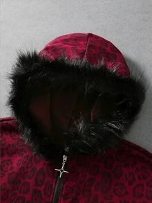 ROMWE MEN 男士寬鬆豹紋抓絨領連帽衛衣 - 紅色 - 查看 2