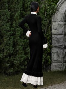 VOLUPTÉ CURVE Women's Long V-Neck Lace Patchwork Sleeve Sweater Dress - Black - View 4