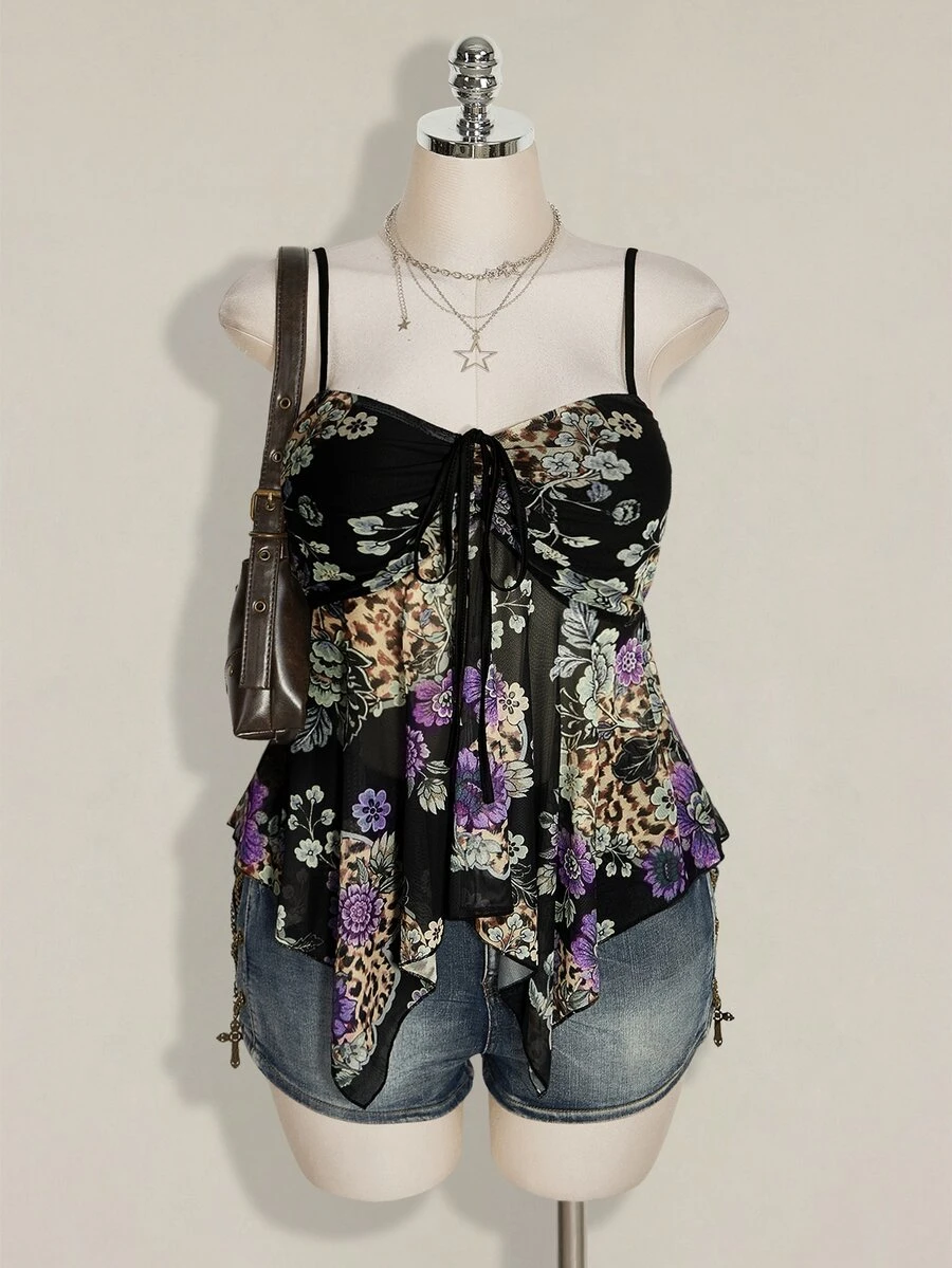 SHEIN ICON ملابس علوية كاميسول بدون أكمام بطبعة زهور عصرية متعددة الاستخدامات للنساء مقاس كبير - متعدد الألوان - مشاهدة 1