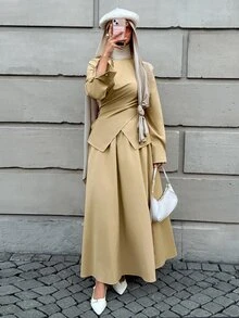 Solavon New French Design Wrap Tie Slimming Top & A-Line Flare Skirt 2 Pieces Set, Versatile Elegant Outfit For Daily Commute - Pale Yellow - View 5