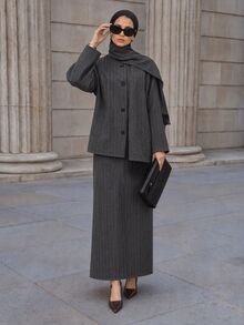 Veilorie Women's Striped Button Ribbon Jacket And Long Skirt Suit Set - Dark Grey - View 6