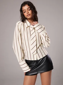 TRNVIE Women's Striped Long Sleeve Single-Breasted Casual Shirt With Tie - Apricot - View 3