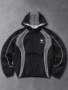 GENIUS ODE Men's Letter Pattern Zip-Up Hooded Jacket - Black - View 1