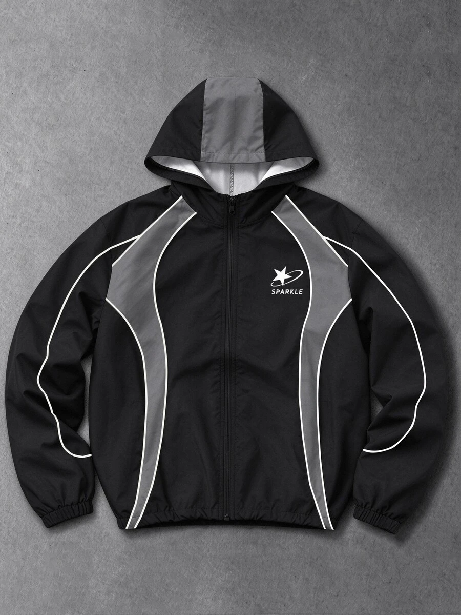 GENIUS ODE Men's Letter Pattern Zip-Up Hooded Jacket - Black - View 1