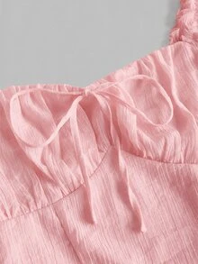 SHEIN Girlism 少女白色休閒百搭方領露肩百褶泡泡袖短版上衣，春夏新品 - 粉色 - 查看 7