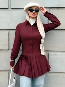Solavon Women's Elegant Long Sleeve Button Ruched Blouse - Red - View 1