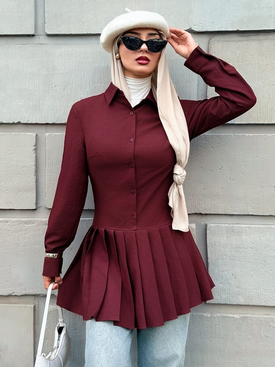 Solavon Women's Elegant Long Sleeve Button Ruched Blouse - Red - View 1