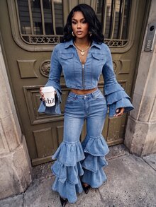 BriallanyX BriallanyX Plus Size Women's Zipper Front Bell Sleeve Cropped Denim Jacket - Blue - View 3
