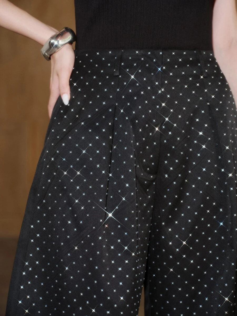 Anewsta Women's Black Rhinestone Pleated High Waist Pocket Suit Pants ...