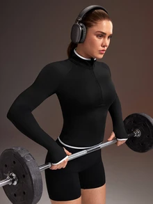 Powerista بلوزة رياضية نسائية سوداء مع حواف متباينة، بلوزة رياضية كاجوال للتمارين اليومية، ملابس رياضية نشطة وعصرية للجيم - الأسود - مشاهدة 1