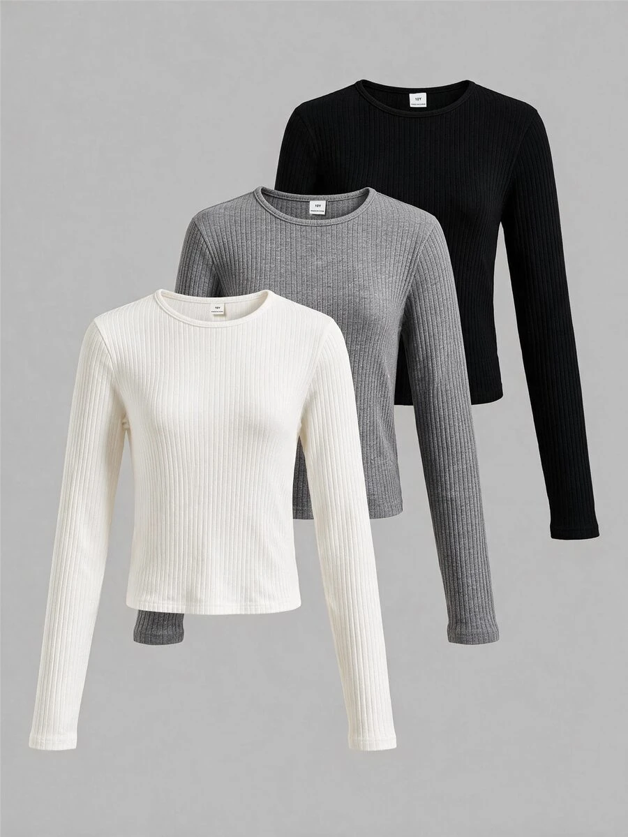 SHEIN Girlism Teen Girl Knit Solid Color Round Neck Ruched Long Sleeve T-Shirt 3pcs/Set - Multicolor - View 1