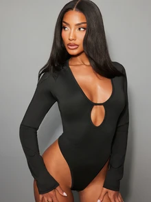 NYA SZN Women's Solid Color Casual Daily Long Sleeve Bodysuit - Black - View 5