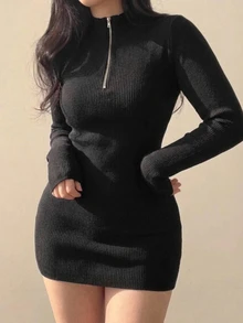 Dazy Plus Solid Color Wrap Half-Open Front Mini Bodycon Dress, Back To School Season Party Dress, Short - Black - View 3