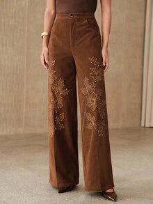 Anewsta Autumn/Winter Caramel Brown Corduroy Embroidered High Waist Rhinestone Floral Wide Leg Women's Long Pants - Brown - View 3