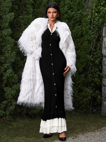 VOLUPTÉ CURVE Women's Long V-Neck Lace Patchwork Sleeve Sweater Dress - Black - View 9