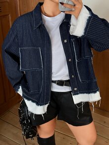 Dazy Plus Colorblock Patchwork Frayed Edge Design Large Pocket Blogger Casual Loose Fit Denim Jacket Spring Autumn New - Dark Wash - View 2