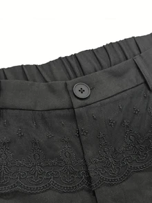 Modelyn Plus Size Black Lace Trim Wide Leg Straight Leg Trousers With Elastic Waistband And Pockets - Black - View 7