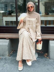 Solavon New Vintage Design New Chinese Style Frog Button Print Comfortable Outfit - Apricot - View 4