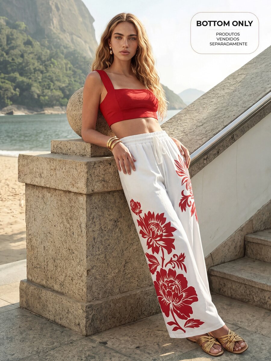 CAJUNI Floral Print Drawstring Waist Vacation Long Pants - Red and White - View 1