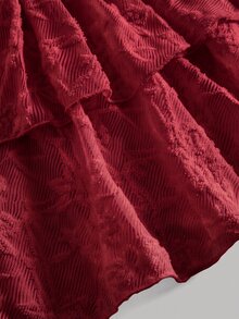 SHEIN Girlism 青少年女孩紅色夏季仙女派對休閒針織蕾絲抓皺A字溜冰裙，雙層荷葉邊迷你裙內含內褲 - 酒紅色 - 查看 4