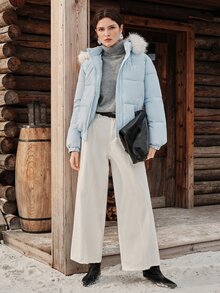 Anewsta Women's Solid Color Embroidered Winter Hooded Fur Collar Padded Coat - Blue - View 5