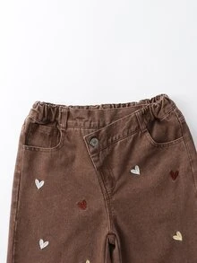 Tween Girls' Y2K Aesthetic Casual Loose Fit Heart Embroidered Slanted Waist Wide Leg Denim Pants Suitable For Daily Outings, School, Commuting, - Coffee Brown - View 5