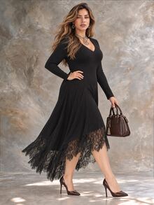 Ceyna Plus Size Women V-Neck Fitted Long Sleeve Asymmetrical Hem Dress, Lace Trim Patchwork, Simple Clean, Elegant Mature - Black - View 5
