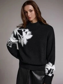 MOTF PREMIUM WOMEN'S FLORAL PATTERN CASUAL EVERYDAY SWEATER - Black and White - View 4