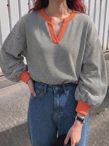 FRIFUL 女款街頭風條紋拼色長袖V領鏤空T恤 - 橘色 - 查看 7