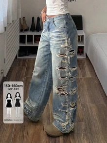 Jeanoix Petite Y2K Women's Distressed Loose Button Denim Jeans - Medium Wash - View 1