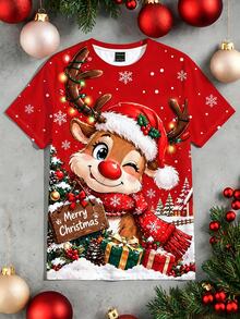 Sorvial Men's Christmas Reindeer Print Short Sleeve Casual T-Shirt - Red - View 3