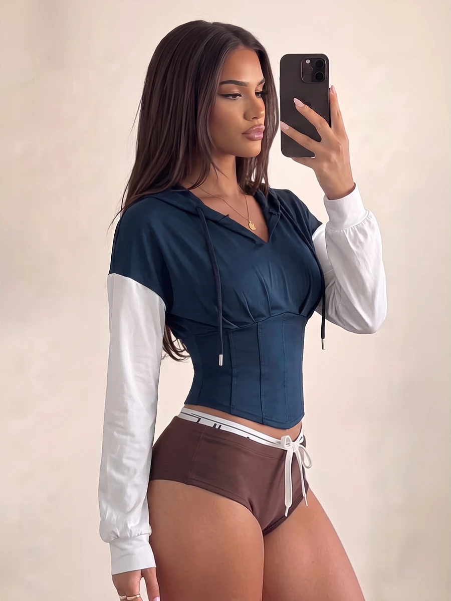 Sirith Women's Colorblock Drawstring Waist Hooded Sports Sweatshirt, Long Sleeve Cropped Sweatshirt With Asymmetrical Hem, Fitness Pullover Top - Multicolor - View 1