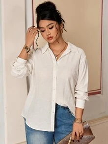 SHEIN BASICS Plus Size Single-Breasted Versatile Minimalist Long Sleeve Shirt - White - View 6