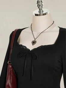SHEIN ICON Women's Plus Size Lace Trim Patchwork Square Neck Black T-Shirt - Black - View 1