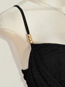 SHEIN ICON Plus Size Y2K Vintage Cowl Neck Metal Decor Bustier 2 In 1 Tank Top, Shiny Party Sexy 2 In 1 Tank Top - Black - View 10