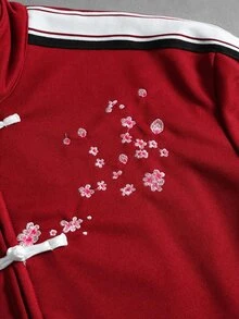 ROMWE MEN Street Life 男士花卉刺繡圖案青蛙鈕扣設計休閒運動衫 - 玫紅色 - 查看 4