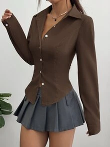 Sweetra 女款休閒百搭通勤純色收腰襯衫 - 棕色 - 查看 5