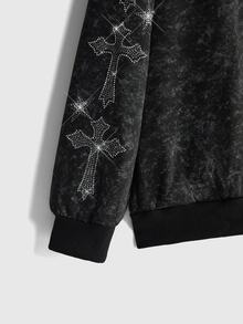 ROMWE Goth Y2K Street Style tvättad sweatshirt för kvinnor med runbrodyr, strass, pälsfodrad krage och huva, lös passform - Svart - Visa 3