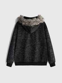 ROMWE Goth Y2K Street Style tvättad sweatshirt för kvinnor med runbrodyr, strass, pälsfodrad krage och huva, lös passform - Svart - Visa 2