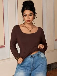 SHEIN BASICS Plus Size Women's Solid Color Crew Neck Long Sleeve Casual T-Shirt - Chocolate Brown - View 3