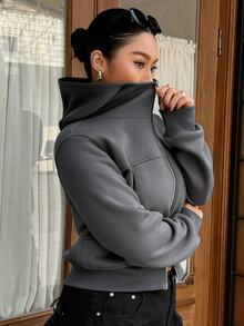 Dazy Plus Solid Color Minimalist Cropped Sweatshirt Street Casual Versatile Sweatshirt - Grey - View 2