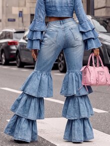BriallanyX BriallanyX Plus Size Button Ruffle Hem Jeans - Blue - View 2