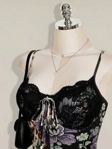SHEIN ICON Plus Size Y2K Vintage Floral New Chinese Style Lace Patchwork V-Neck Cami Dress - Multicolor - View 5