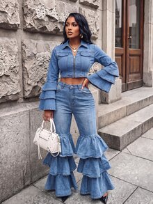 BriallanyX BriallanyX Plus Size Women's Zipper Front Bell Sleeve Cropped Denim Jacket - Blue - View 2
